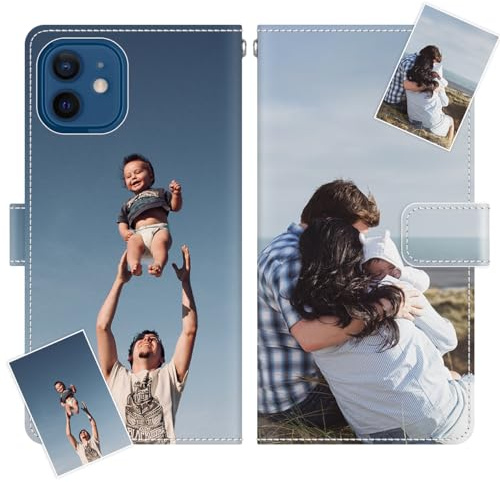 JGOYGYI Personalisierte Leder Handyhülle kompatibel mit iPhone 12,Individuelle Eigenem Foto Bild Text Bildern Foldable Flip Klapphüllen Case hülle+Handykette