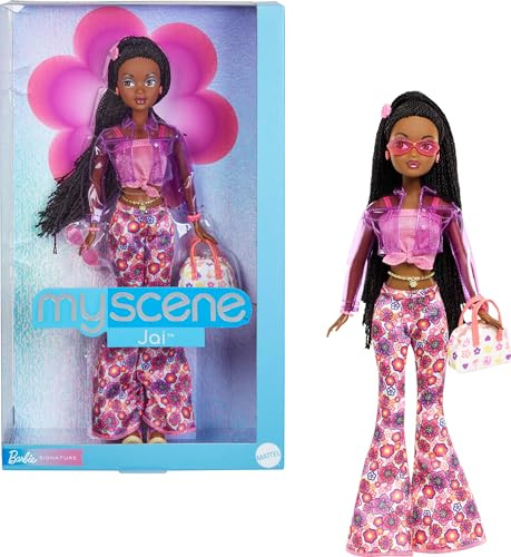 Barbie Signature My Scene Jai Doll and Accessories, Black Braids, Y2K-Inspired Outfit with Pink Top, Vinyl Jacket, Floral Flare Pants and Doll Stand