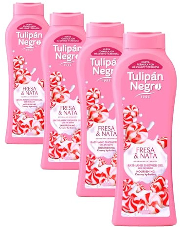 Tulipán Negro - Gel de Baño Nutritivo e Hidratante Fresa y Nata 650 ml, Irresistible Aroma (Paquete de 4)