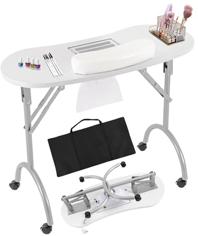 Nageltisch Mit Absaugung, Maniküretisch Mobil Nagelstudio Tisch Klappbar Mit Räder & Handgelenk-Pad & Tragetasche, Maniküretisch Nageltisch Für Nagelstudio & Zuhause, Weiß