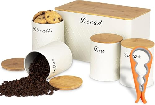 ATEK Bread Bin & Canister Set with Bamboo Airtight Lids 5 Piece | Tea Coffee Sugar Canister Set, Can Opener Included, Round Biscuit Jars, Kitchen Counter Organization