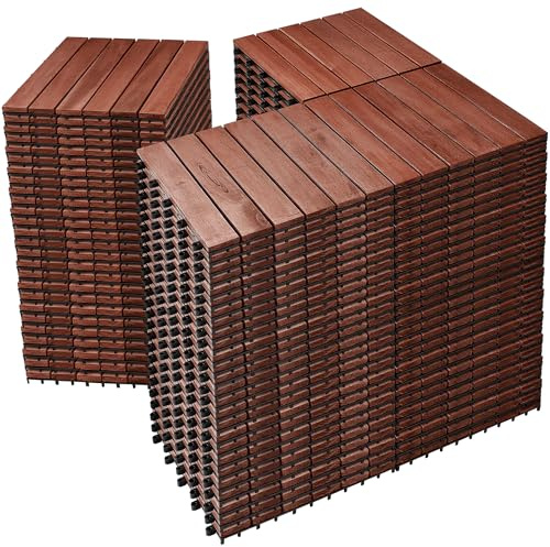 PrimeZone 108 PCS Solid Acacia Wood Interlocking Deck Tiles - 12 x 12 Waterproof Indoor Outdoor Patio Flooring Decking Tiles for Balcony, Backyard & Poolside, All Weather Use, Brown