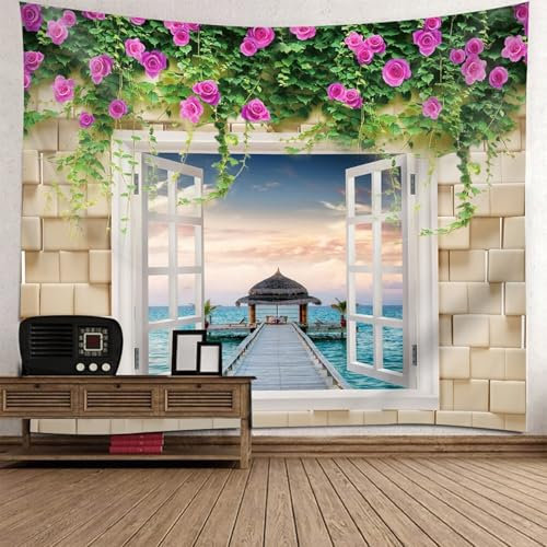 Aotiwe Wall Hanging Tapestry, Wall Tapestry Aesthetic Fenster Blumen und Meereslandschaft Khaki Grün 210x140cm