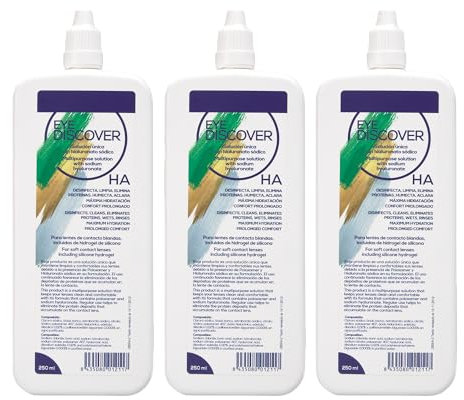 EYE DISCOVER, Líquido Lentillas con Ácido Hialurónico, Solución Única para Lentes de Contacto Blandas, Desinfecta, Elimina las Proteínas, Humecta y Aclara, 3 x 250 ml (3 x 250 ml)