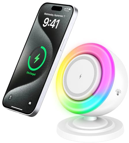 MiliPow Caricabatterie wireless con altoparlante e luce notturna, 15 W, ricarica veloce senza fili, con luce ambientale colorata, per camera da letto e soggiorno (bianco)