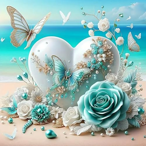 Kit Diamond Painting 5D Farfalla Cuore Fiori Blu Pittura Diamante Fai da Te per Adulti e Principianti Set Completo con Strass Rotondi Tela Adesiva Ricamo a Punto Croce per Decorazione da Parete30x30cm