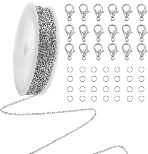 TOAOB 5 M Silber Gliederkette Edelstahl Kabel Kette Link Kette Halskette 1.5 mm mit 50 Sprung Ringe und 20 Karabiner Verschlüsse für DIY Schmuck Basteln Herstellung