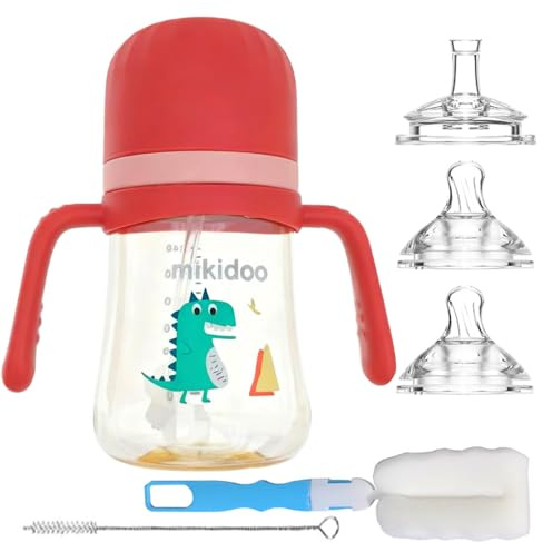 2 in 1 Baby Sippy Cup with Straw and Spout 240ml,Toddler Drinks Water Bottles Trainer Cup with Handles for Babies 6 12 Months(One Bottle with 3 Spout) (Pink)