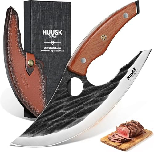 Huusk Japan Ulu Knife with Sheath - Christmas Gift for Men and Women - Hand Forged Caveman Ultimo Knife with Full Tang Wooden Handle - BBQ Knives for Vegetables, Fruit, Pizza - Gifts for Mom
