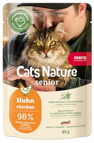 MERA Cats Nature Huhn Senior 12x85g Katzenfutter nass ohne Getreide | Hochwertige Rezeptur für ältere Katzen - Alleinfuttermittel, Monoprotein, mit hohem Fleischanteil, magenschonend