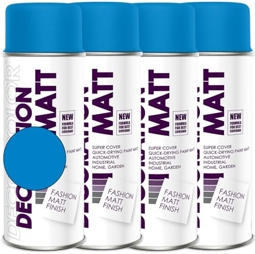 Deco Color 4er Sparpack Lackspray Matt nach RAL in 400ml zur Lackierung von Auto Stahl Aluminium Beton Holz (4 Dosen in himmelblau MATT RAL 5015)