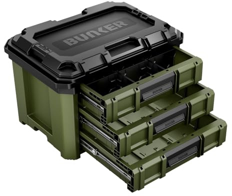BUNKER Load-Up Stacking Tool Box - 570mm - 3 Drawer Organiser - Heavy-Duty Impact-Resistant Tool Chest - Smooth Auto Lock, Ball Bearing Drawers, Modular Tool System - Workshop or Van Storage Drawers