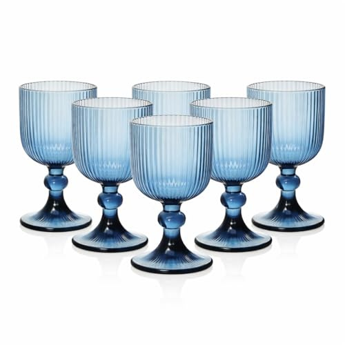 MECSAL CASALINGHI Set 6 Calici Vetro Rigato 360 ml Colorati – Calici Eleganti per Acqua, Cocktail e Aperitivo, Design Moderno, Resistenti e Lavabili in Lavastoviglie (Blu)