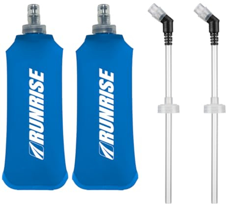 RUNRISE Lot de 2 Flasques Souples Running Trail 500ml | Sans BPA, 2 Bouchons Interchangeables, Sport + Tube d'Hydratation Pipette, Gourde Pliable, Compatible Gilet et Sac de Trail