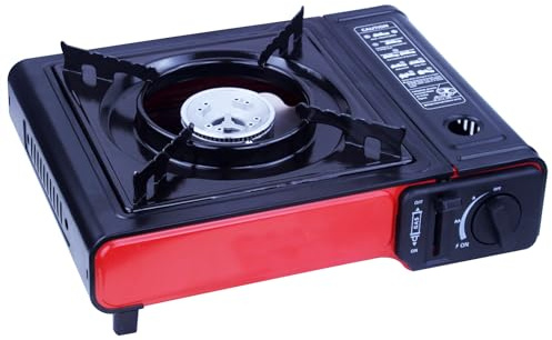 Cocina de Gas Portátil 2900W– Hornillo de Camping con Encendido Piezoeléctrico, Sistema de Seguridad Doble – Ideal para Picnic, Acampada y Emergencias (Rojo+Negro)