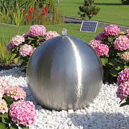 CLGarden Edelstahl Kugel Springbrunnen 48 cm gebürstet mit Solarpumpe, Akku und LED, Solar Gartenbrunnen für Garten und Terrasse