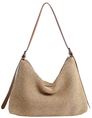 FAIRYSAN Bolsa de paja tejida para mujer, bolso de hombro de rafia con correa de cuero, bolso bohemio para verano, playa, vacaciones, compras (natural)
