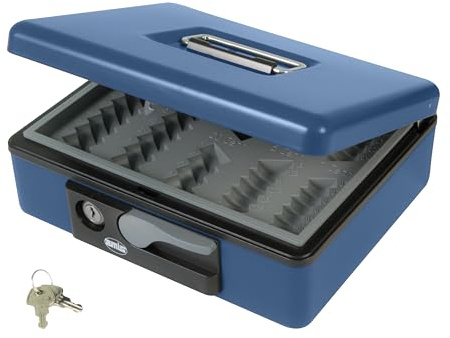 Amig - Cassaforte | Cassetta di sicurezza per denaro, banconote e monete | Con vassoio portamonete e 2 chiavi | Colore blu | Acciaio | 230 x 185 x 80 mm