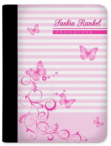 CreaDesign Zeugnismappe A4 mit Namen personalisiert – Schmetterling Pink – für Mädchen – Dokumentenmappe Schule ohne Klarsichthüllen