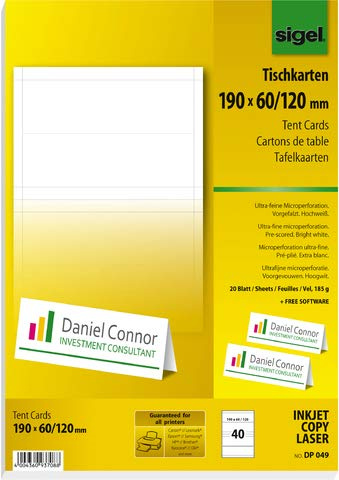 SIGEL Tischkarte, Inkjet/Laser/Kopierer, Papier, 185 g/m², 190 x 60/120 mm, weiß (40 Stück), Sie erhalten 1 Packung á 40 Stück