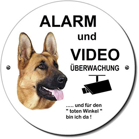 Schäferhund-Alarm-Video-Überwachung-Rund-Schild-120 mm Ø - 3 mm Aluminium Verbund-Hund-Tierschild-Warnschild-Hinweisschild (1457-8 -mit Klebepads)