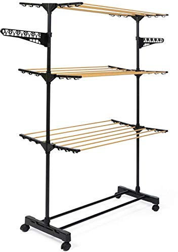 IDMarket - Séchoir à Linge Vertical Pliable 3 Niveaux Maxima capacité 20M Noir et Effet Bois