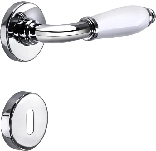 JUVA Drückergarnitur Chrom - Porzellan weiß Türbeschlag Chrom Türgriff Zimmertür | Türdrücker Antik Vintage Innentüren | Türklinke BB - Buntbart | MARINA 108 | 1 Design Türgarnitur mit Schrauben