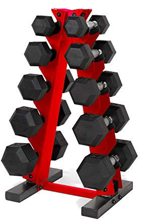 CAP 150 LB Rubber Coated Hex Dumbbell Hand Weight Set with Vertical Storage Rack - Chrome Handle | Red Rack