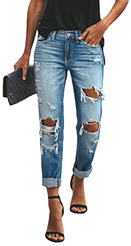 TACSTRUN Mid Rise Boyfriend Jeans for Women, Ripped Distressed Raw Hem Straight Leg Ankle Denim Pants,Blue,M