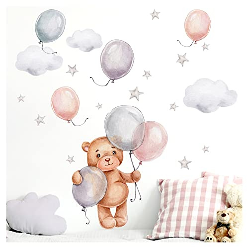 Little Deco Wandtattoo Bär mit Luftballons Wandsticker mit Teddybär Ballons Wandaufkleber für Baby Kinderzimmer DL833-4
