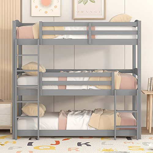 Moimhear Single-Size-Holz-Dreier-Etagenbett für Kinder, Grau (90 * 200cm) (Grau)
