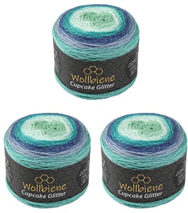 Cupcake Glitter Simli 3 x 150g Strickwolle 450 Gramm Wolle zum Stricken und Häkeln Babywolle türkische Wolle Farbverlaufswolle Glitzer (3090 blau türkis grün)