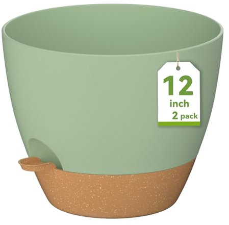 ZMTECH 30 cm Plant Pots with Drainage Holes Saucer Self Watering Planters with Watering Inlet Plastic Flower Pot for Indoor Outdoor Plants (Set of 2, Green)
