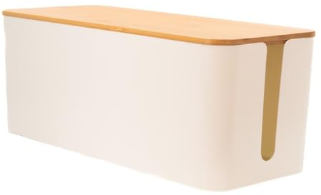 Intirilife Kabelbox mit Bambusdeckel in Weiß - 32 x 13.6 x 12.7 cm - Kabelmanagement Box, Organizer zum Verstecken von Kabeln und Steckdosenleisten