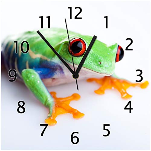 Wallario Design-Wanduhr Lustiger Frosch in grün und orange aus Glas, Motiv-Uhr Größe 30 x 30 cm, Schwarze Zeiger