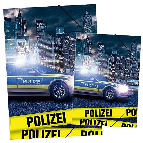 itenga Set Zeichenmappe DIN A3 und Sammelmappe DIN A4 mit Motiv - Gummizugmappe Sammelmappe - für Kinder Jugendliche Schüler Mädchen Jungen (Set A3 und A4 Motiv Fussball) (Polizei Set)
