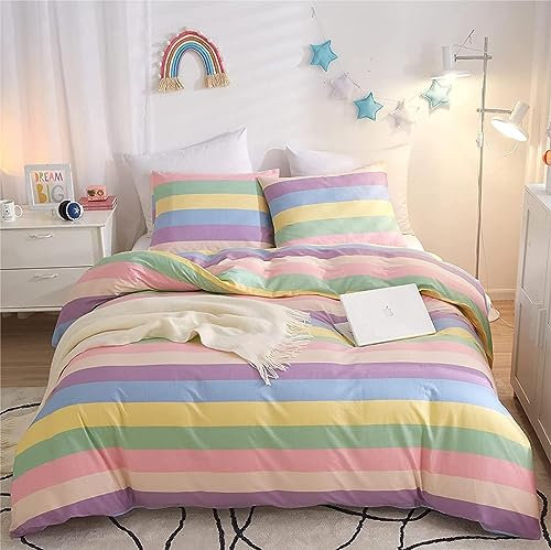 Freyamy Mädchen Bettwäsche 100x135cm Bunt Regenbogen Streifen Kinderbettwäsche 100% Microfaser Babybettwäsche Teenager Kinder Wendebettwäsche Bettbezug mit Reißverschluss und Kissenbezug 40x60cm