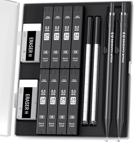 Four Candies 2 Stücke Druckbleistifte Set mit Etui, Metall Mechanische Bleistifte 0,5 mm, 8 Tuben HB #2 bleistiftminen, 2 Stücke Radiergummis und 18 Radiergummi-Nachfüllungen zum Schreiben