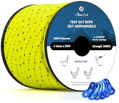 Abma Cord Campingrep Tältspännlinor 4mm 30M med 6 St Campingsladdspännare Tält Guide Rep för Camping, Tent, Markis, Gazebo - Reflekterande neongul