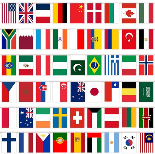 YOFANUP Banderas de 50 Países Internacionales, 15 Metros, a Prueba de Agua, No Se Decolora - Ideal para Pub, Club, Escuela, Restaurante