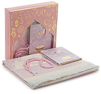 ihvan online Gebetsgeschenk Set für Männer und Frauen, Muslimischer Taft Gebetsteppich, Yaseen Buch, Salah Matte, Perlen Rosenkranz, Islamisches Geschenk für Ramadan & Eid & Mitgift, Rosa