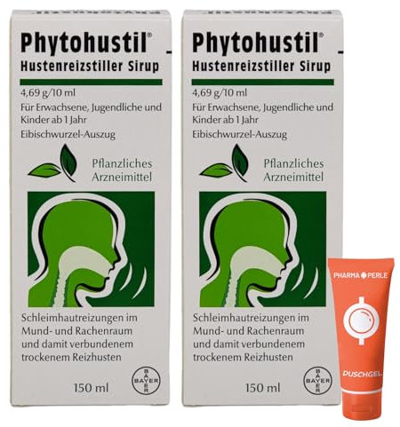 Pharma Perle Hustenreizstiller Set mit Phytohustil Sirup 2x 150ml - vegan bei Reizhusten mit Eibischwurzel für Kinder ab 1 Jahr I mit PharmaPerle Duschgel