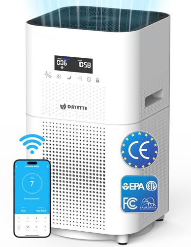 DAYETTE Air Purifiers for Home Large Room Up to 160 m², Smart WIFI APP & Alexa Control Air Cleaner, H13 True HEPA Filter for Allergies Pet Dander Smoke Dust, 22dB Sleep Mode for Bedroom