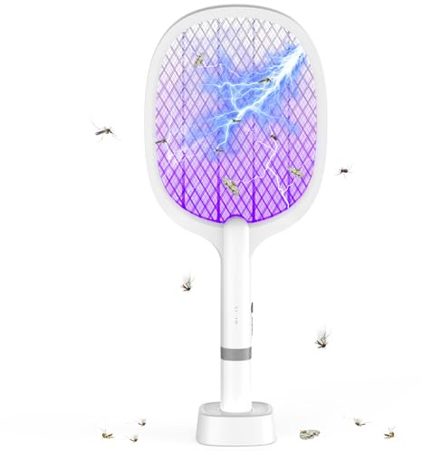 YOUBST Raquette Electrique Insectes 5000V, 2000 mAh Extra puissante Tapette à Mouches électrique avec Base de Recharge USB C, 2 en 1 Tapette à Mouches électrique pour moustiques, Mouches, Abeilles
