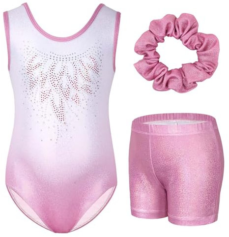 Gogokids Mädchen Drei Teiliges Gymnastikset, Ärmelloser Gymnastikanzug mit Shorts und Haarband, Ballett Tanzender Leotard Gymnastik Outfit mit Funkelnde für Mädchen, Ärmellose Trikots für 6-7 Jahre