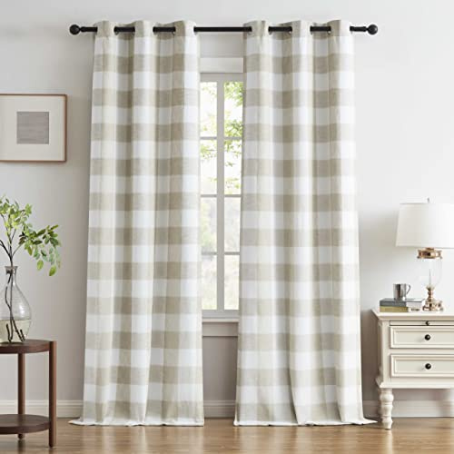 Bapawfish 90 Inches Buffalo Plaid Full Blackout Curtain with Light Blocking Liner,Tan White Rustic Texture Energy Efficient Drape,Farmhouse Grommet Window Treatment for Bedroom Living Room,40Wx90Lx2