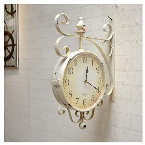 Retro Bahnhofsuhr Retro doppelseitige Uhr, schmiedeeisere Wandmontagehalterung, einfach lesen zwei Gesichter Zentralstationuhr, for Garten, Bar, Terrasse Wohnzimmer Schlafzimmer Studiendekoration ( Co