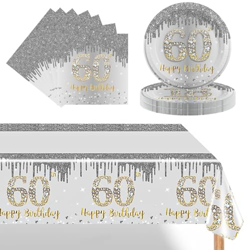 POPOYU 60. Geburtstag Partygeschirr Set,37 Stück Pappteller 9 Zoll Servietten Tischdecke 60. Geburtstag Frau,Silber Geburtstagsdeko für 60Geburtstag Frauen Party Dekoration Partyzubehör