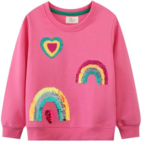 CM-Kid Sweatshirts Mädchen Langarm Pullover Kinder Baumwolle Shirts Winter Tops 5 6 Jahre Pailletten Regenbogen Rosa Gr.116