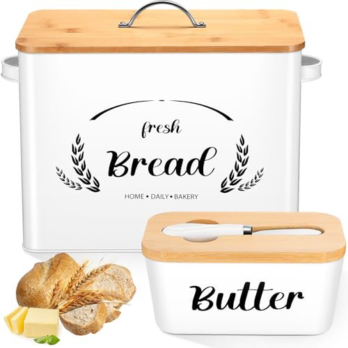 Qinyoung 2 Pcs Extra Large Bread Box and Butter Dish with Bamboo Lid, Metal Large Capacity Bread Kitchen Storage Container Farmhouse Airtight Ceramic Butter Holder with Stainless Steel Knife(White)